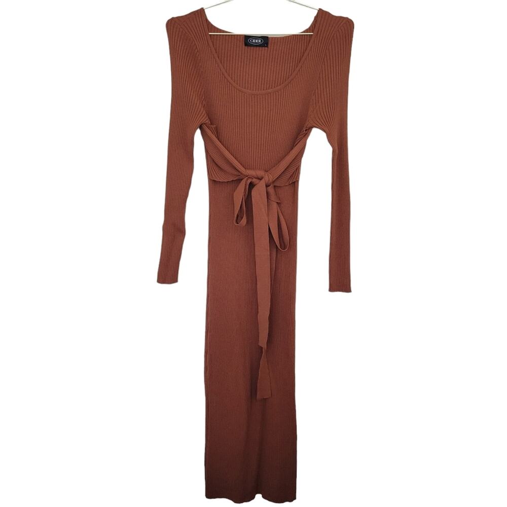 Cider Dress Size Large L Ribbed Maxi Long sleeve Tie Front Minimalist Office